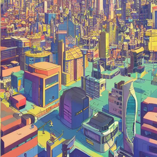 Image similar to futuristic city on a mountainside, red - yellow - blue buildings, city, cel - shaded, raytracing, cel - shading, toon - shading, 2 0 0 1 anime, flcl, jet set radio future, drawn by artgerm