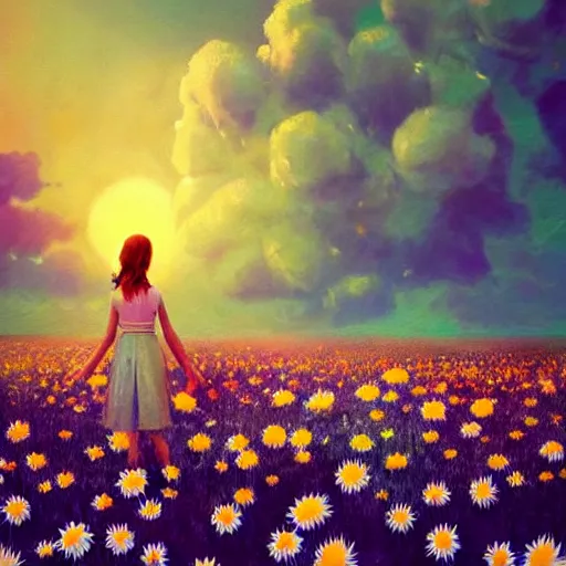 Image similar to head made of giant daisies, girl standing barefoot in a flower field, arms out stretched, surreal photography, sunrise dramatic light, impressionist painting, colorful clouds, large sky, digital painting, artstation, simon stalenhag, flower face