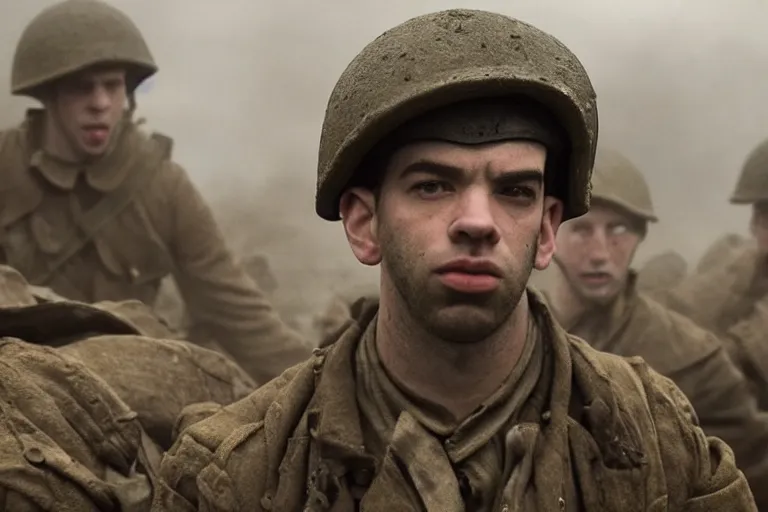 Image similar to jay baruchel as world war 1 soldier in the trenches, bullets whizzing past, cinematic lighting, high contrast, 4 k hdr imax cinematography by roger deakins, award winning shot, beautiful composition, principal photography, vfx action shot