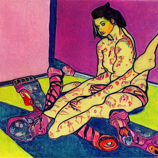 Image similar to rocker goth teen girl with black lace boots laying on her stomach on the floor, writing on a journal. 1970s colorful psychedelic bedroom. Trippy colors. Stylized. Egon schiele. Moscoso