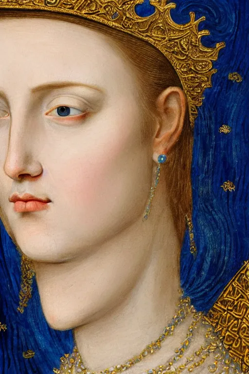 Prompt: hyperrealism extreme close-up portrait of medieval queen with golden skin, wearing hight detail blue clothes with ornaments, black roses as background, in style of classicism