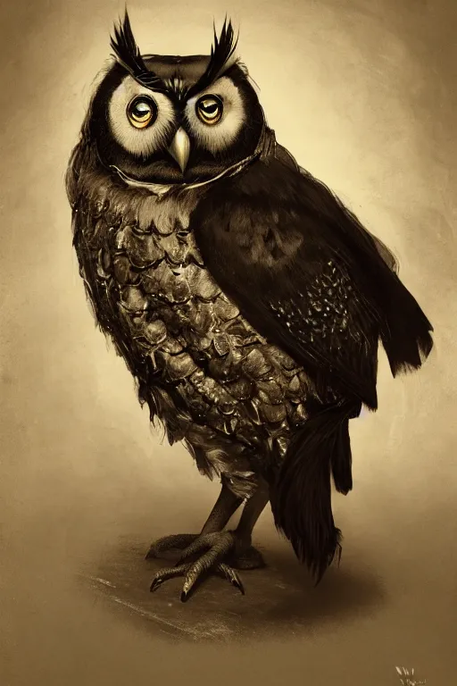 Prompt: wet plate photograph portrait of a victorian - era anthropomorphic owl dressed in a victorian - era clothing, dramatic lighting, highly detailed, digital painting, artstation, concept art, smooth, sharp focus, illustration, art by wlop, mars ravelo and greg rutkowski