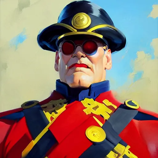 Image similar to Greg Manchess portrait painting of M. Bison as Overwatch character, medium shot, asymmetrical, profile picture, Organic Painting, sunny day, Matte Painting, bold shapes, hard edges, street art, trending on artstation, by Huang Guangjian and Gil Elvgren and Sachin Teng