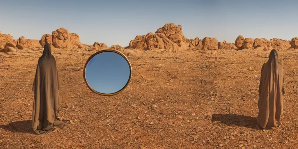 Image similar to levitating ghost silhouette with full - face golden mask in a dry rocky desert landscape, visible sky and sunny atmosphere, fata morgana and giant square mirrors by alejandro jodorowsky, anamorphic lens, kodakchrome, practical effects, masterpiece, 8 k