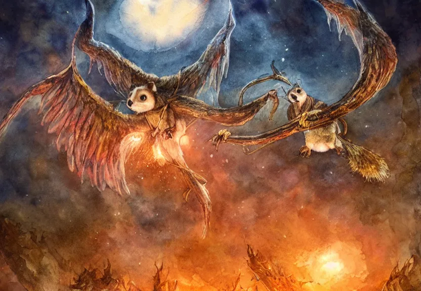 Image similar to legendary fire winged possum flying over a medieval forest castle at night under the dark starred sky, dark fantasy, watercolor, dreaming illusion, highly detailed, 4k, trending on Artstation