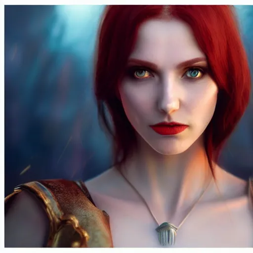 Prompt: redhead vampire sorceress, perfect face viewed in profile, bright glowing blue and silver eyes, gold shirt, cinematic, floating ash, stunning, highly detailed, artstation, smooth, hard focus, concept art, art by artgerm and greg rutkowski and alphonse mucha, volumetric lighting, octane render, 4 k resolution, trending on artstation, masterpiece