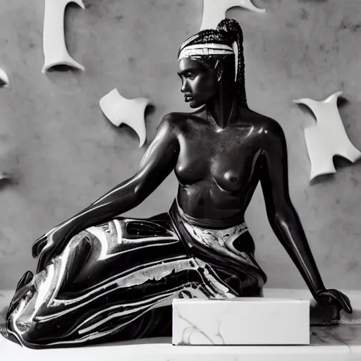 Image similar to very very beautiful dark black marble statue of a beautiful woman with colorful motocross logos on the wall behinder in the background in the style of virgil abloh, dark soft lighting, cinematic, detailed, off white, heron preston, 8 k, 4 k, detailed, beautiful, symmetrical, vogue, editorial, fashion, magazine, museum lighting, night time, dark