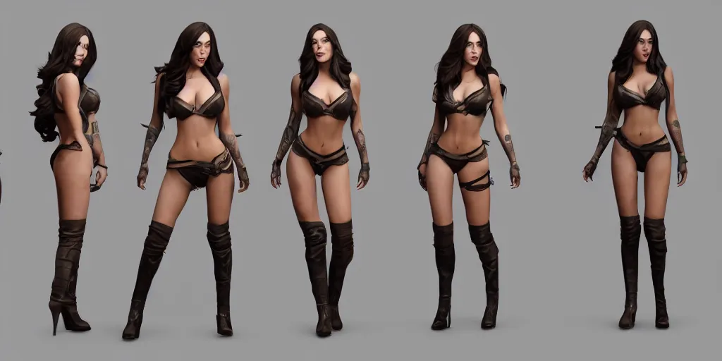 Image similar to character sheet of Megan Fox dressed like Caitlyn in the game League of Legends, with a background based on the game League of Legends, 3d render, octane render, iRay, ray tracing, realistic, highly detailed, trending on artstation, 4k, cgsociety, unreal engine 5, redshift render, blender cycles, behance, cg