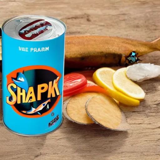 Prompt: Can of Shark SPAM, high quality photo advertisement