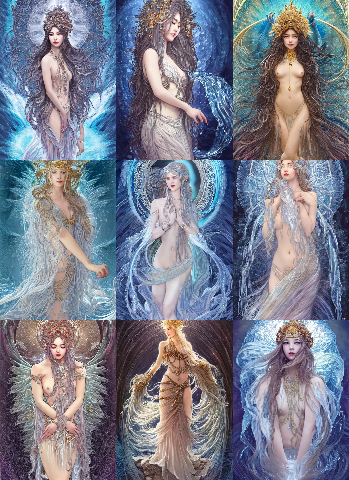 Prompt: goddess made of ice long hair like a waterfall rising from the water, full body, horizontal symmetric, elegant, intricate details, highly detailed, fractal background, digital painting, artstation, masterpiece, concept art, smooth, sharp focus, illustration, epic light, art by dang my linh and terada katsuya and alphonse mucha