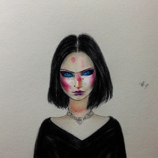 Image similar to beautiful grumpy girl, portrait, ice magic, dark hair and makeup, hand drawing, colour