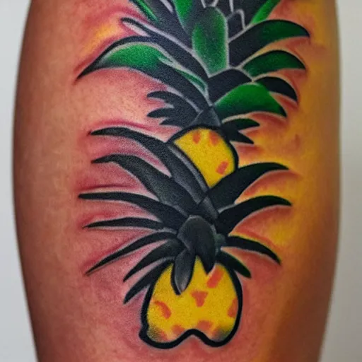 Image similar to a ripe luscious pineapple tattoo on an arm that's also edible. high resolution, digital art, ue 5.