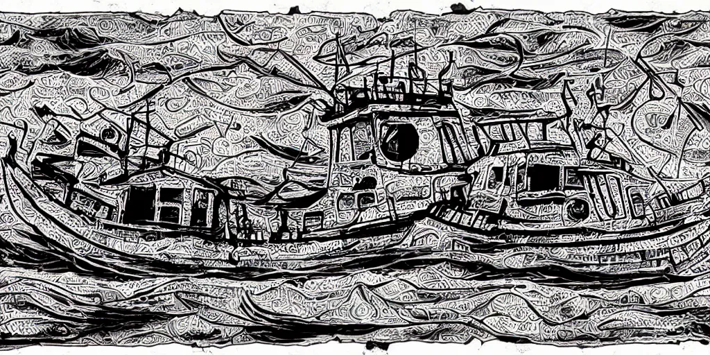 Image similar to an abandoned ship in the aral sea, in the style of daniel johnston and outsider art, 8 k, line brush, overlaid with chinese adverts