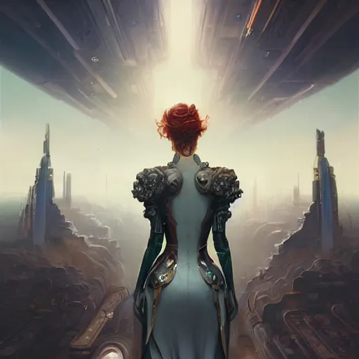 Prompt: portrait of a victorian lady in a futuristic city, from behind, streets, beautiful, sci-fi, open sky, tall buildings, highly detailed, digital painting by Peter Mohrbacher