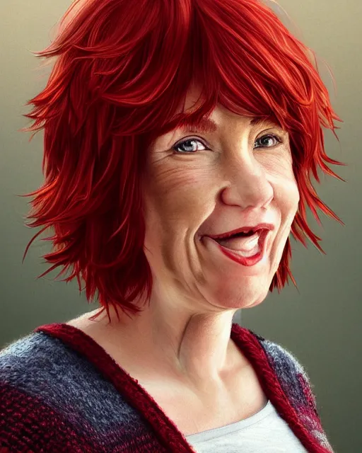 Image similar to portrait of happy short and plump 5 0 - year - old woman with red hair and, kind face, short hair, wearing in sweater, hyper realistic face, beautiful eyes, character art, art by mark brooks, hyperdetailed, cryengine, trending on artstation, digital art