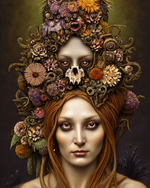 Image similar to portrait of the goddess of decay, unusual beauty, flowers and plants, emotionally evoking symbolic metaphors, head in focus, fantasy, ornamental, intricate, elegant, sensual, highly detailed digital painting, artstation, concept art, painterly, golden ratio, sharp focus, illustration, art by John William Godward and Boris Vallejo and Zdzisław Beksiński,