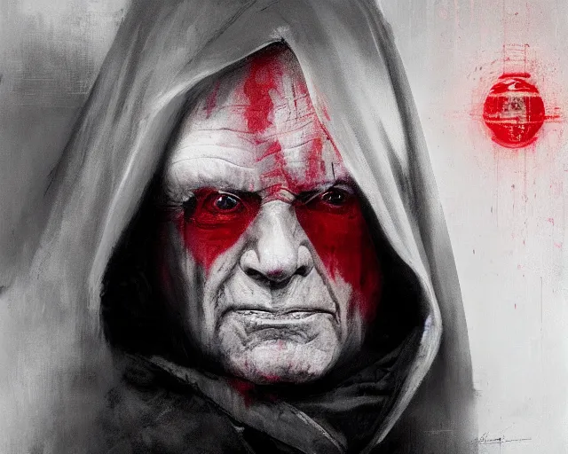 Prompt: portrait of emperor palpatine sidious ian mcdiarmid with a big hood in shades of grey but with red by jeremy mann