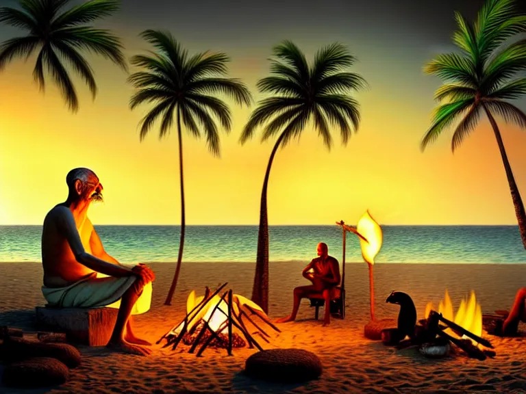 Image similar to gandhi sitting on a beach next to a campfire with palm trees in the back, holding a cigar, sunset, surrounded by animals parrot turtle lizard crab coconuts, glorious lighting, epic environment, highly detailed, digital art, hyper realistic