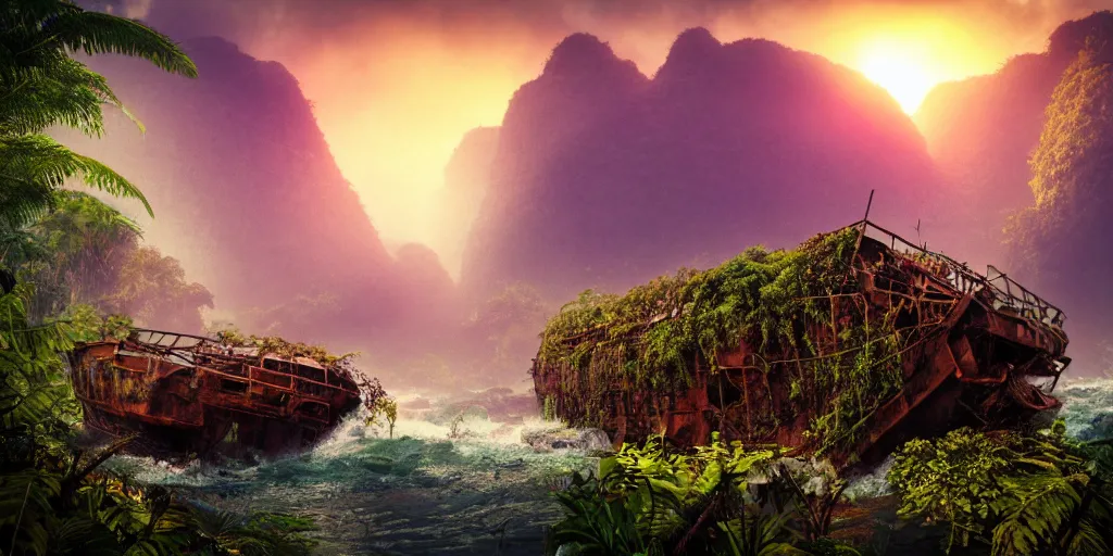 Prompt: a rusty shipwreck in a prehistoric jungle, lush flora, waterfall, towering mountains, flowers, vines, sunset, hazy, volumetric lighting, rtx on, washed out dark colors, an award - winning digital render, beautiful, stunning, ultradetailed, great composition