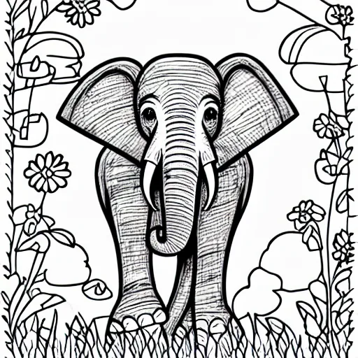 Image similar to cute cheerful elephant with his two ears and his trunk in a meadow, colouring - in sheet, concept design, character art, sharp focus, highly detailed, artstation