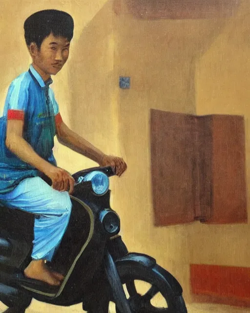 Image similar to asian school boy riding moped, aged oil painting by le pho