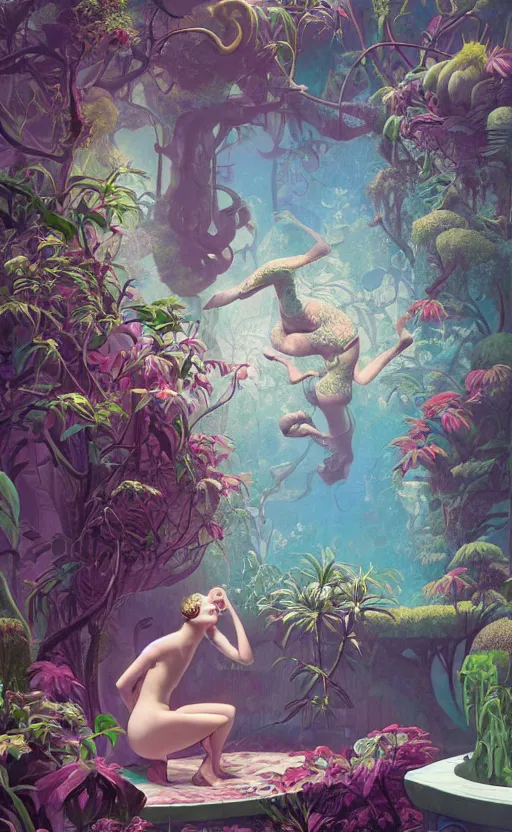 Prompt: a secret garden with a big pool, very coherent, painted by gil elvgren, wayne barlowe, painted by james gilleard, airbrush, art by james jean, surrealist art, houdini algorithmic generative art