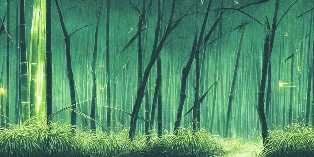 Prompt: a lightning bolt cuts through a bamboo forest, tiny fireflies glowing, 4 k wallpaper, drawn by hiroshi yoshida.