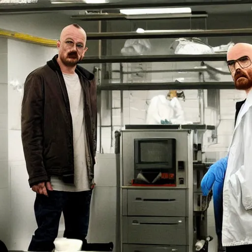 Image similar to walter white and jessie pinkman in gus frings underground laboratory