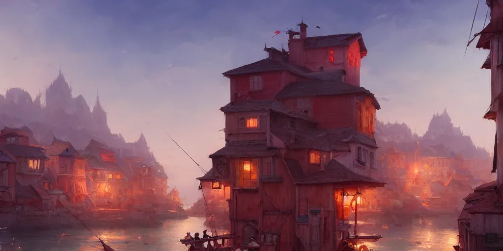 Prompt: Cozy small city on a cape, red roofs, fishing boats. In style of Greg Rutkowski, Jesper Ejsing, Makoto Shinkai, trending on ArtStation, fantasy, great composition, concept art, highly detailed, scenery, 8K, Behance.