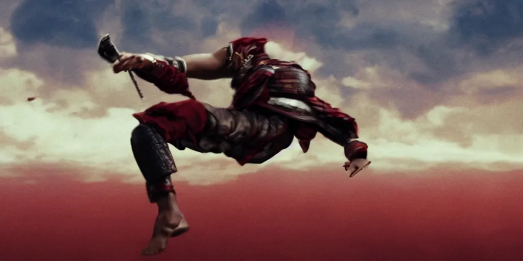 Image similar to a film still of a light skinned black man starring as an ancient samurai flying doing a flying kick, japanese blockbuster film, the sky is red, shallow depth of field, cinematic, award winning cgi, vfx, film still