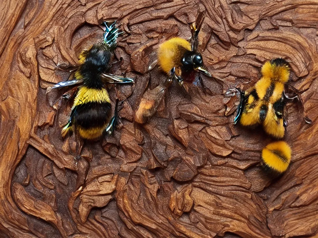 Image similar to an intricately carved wooden model of a bumblebee, 8k, extremely detailed