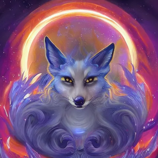 Image similar to a painted avatar portrait of an awesome cosmic powerful humanoid kitsune fox mage themed around life and death and the stars and the cosmos, in the style of dnd beyond avatar portraits, beautiful, artistic, elegant, lens flare, magical, lens flare, nature, realism, stylized, art by jeff easley