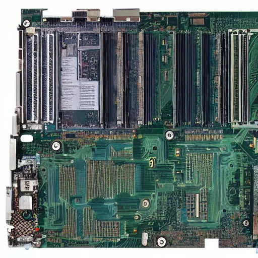 Prompt: a Mainboard with way too many ram slots.. And a sloth technician.