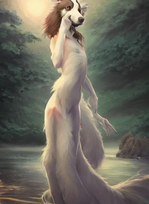 Prompt: wide angle beautiful full body portrait of a strong male anthropomorphic anthro border collie fursona wearing an evening gown by a lake at night, character design by charlie bowater, henry asencio, and ross tran, furry art, furaffinity, beautiful, glamor pose, detailed, aesthetic, trending on artstation