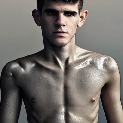 Image similar to “a realistic detailed photo of a guy who is an attractive humanoid who is half robot and half humanoid, who is a male android, Christian Pulisic, shiny skin, posing like a statue, blank stare, on display”