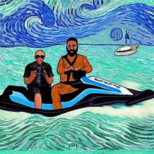 Prompt: Obama and DJ Khaled riding a jet ski, by Van Gogh