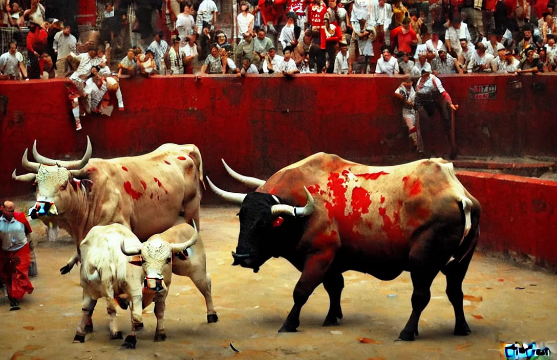 Image similar to bull in the bullring of pamplona, san fermin, detailed painting, epic lighting, by ilya repin, phil hale and kent williams