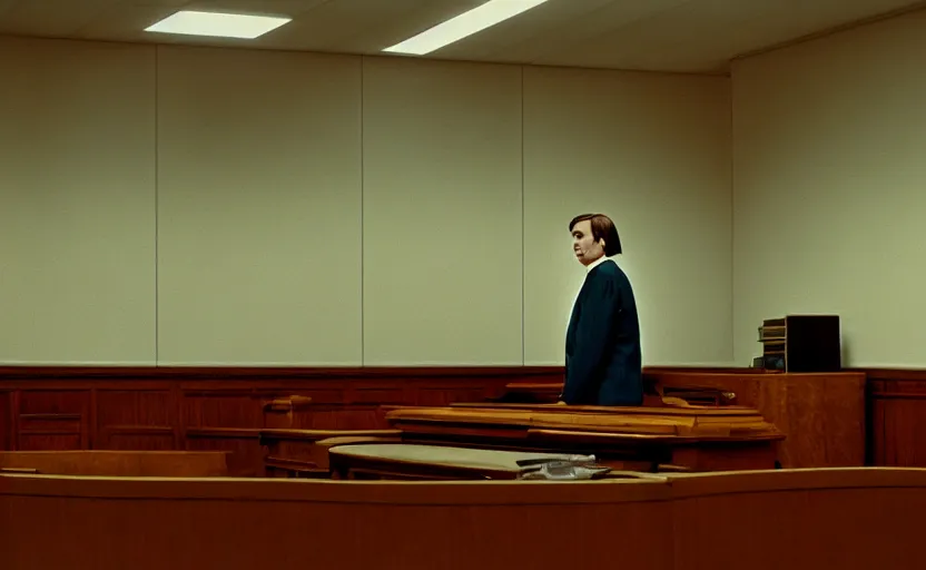 Image similar to a beautiful a man in the skirt in a courtroom, blur, 4 k resolution, ultra detailed by william eggleston