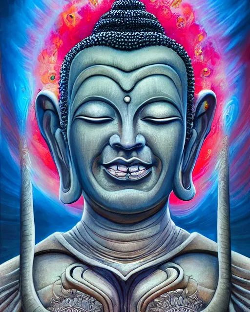 Prompt: buddha smiling, by antonio j. manzanedo, giger, alex grey, android jones, wayne barlowe, philippe druillet, raymond swanland, cyril rolando, josephine wall, harumi hironaka, trending on artstation