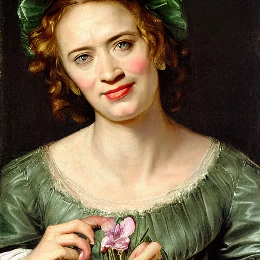 Prompt: Emily Blunt wearing green tunic holding a flower. Painted by Rubens, high detail