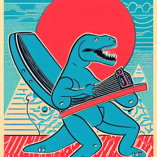 Image similar to memphis design, retro, 90s, detailed illustration, dinosaur samurai with a boombox