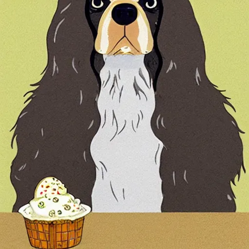 Prompt: king charles spaniel serving ice cream, ice cream store, by studio ghibli