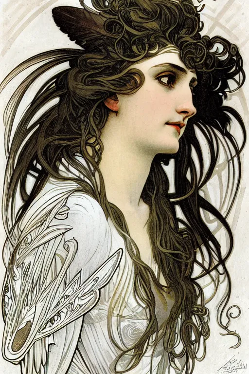 Image similar to head and shoulders portrait of a harpy, eagle wings, feathers, beautiful, female, magical, high fantasy, d & d, by alphonse mucha, face details, extremely detailed, digital illustration