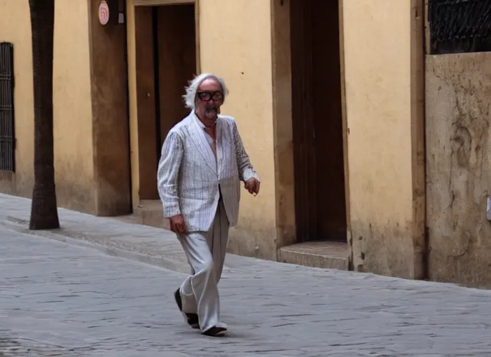 Prompt: jep gambardella strolling through the city of seville