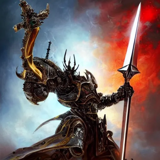 Prompt: a hyperrealistic magnificent robot holding a powerful sword, archaon the everchosen, terminator, Terminator: Dark Fate, most beautiful image ever created, emotionally evocative, greatest art ever made, lifetime achievement magnum opus masterpiece, the most amazing breathtaking image with the deepest message ever painted, a thing of beauty beyond imagination or words