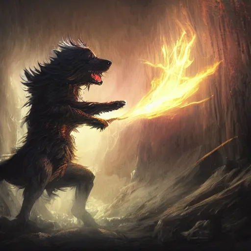 Image similar to Dog, Anthropomorphized, casting epic spell, magic the gathering artwork, D&D, fantasy, cinematic lighting, centered, symmetrical, highly detailed, digital painting, artstation, concept art, smooth, sharp focus, illustration, volumetric lighting, epic Composition, 8k, art by Akihiko Yoshida and Greg Rutkowski and Craig Mullins, heroic pose, oil painting, cgsociety, magic lab background