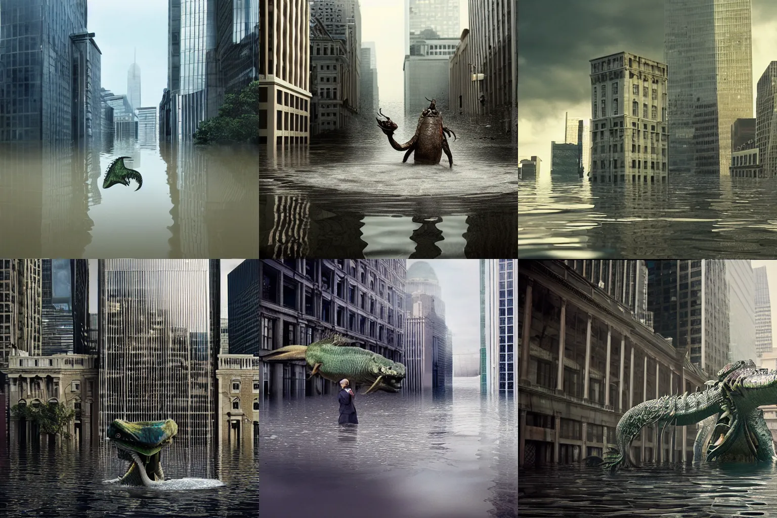 Prompt: stunningly beautiful large format photo, exterior of a flooded financial district, with sea monster, by jeff wall, VFX and comp by ILM, 10k