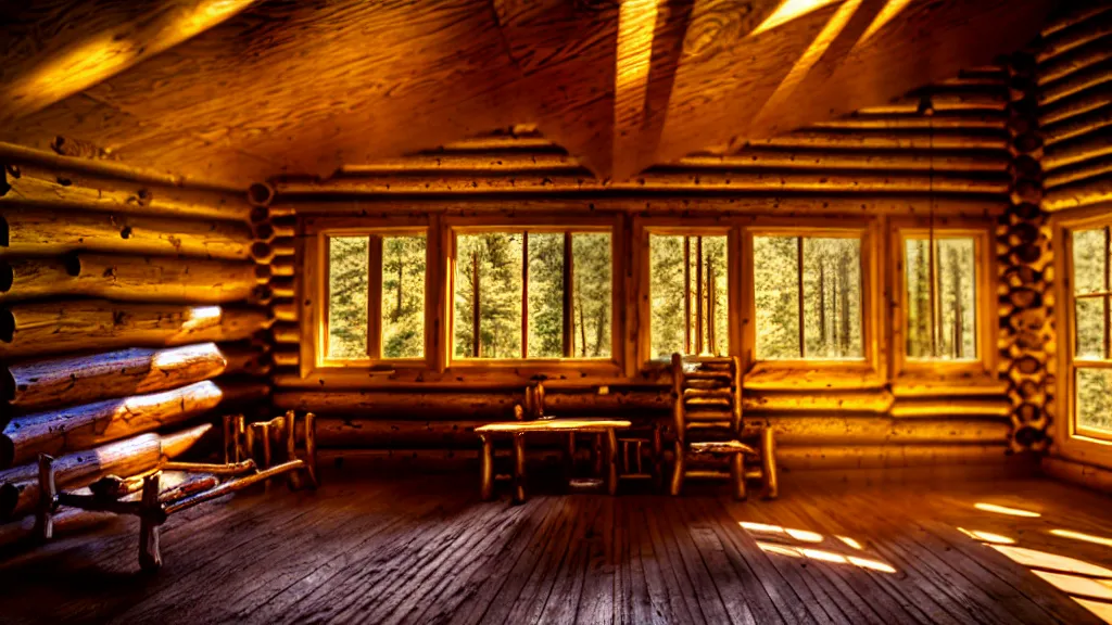 Prompt: inside an old log cabin, the summer midday light comes in through a window and dimly illuminates the room, softened diffuse light, photorealism, photo taken with canon EOS 5D and 35 mm lens