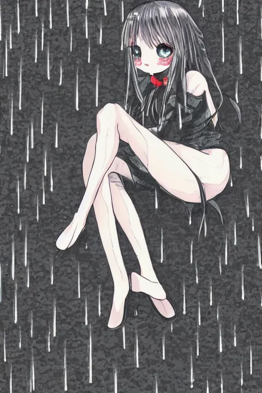 Prompt: A stern girl in Japanese maid's clothes and long stockings sits on the wet pavement in a parking lot in the rain at night. Dark anime drawing in gothic style.