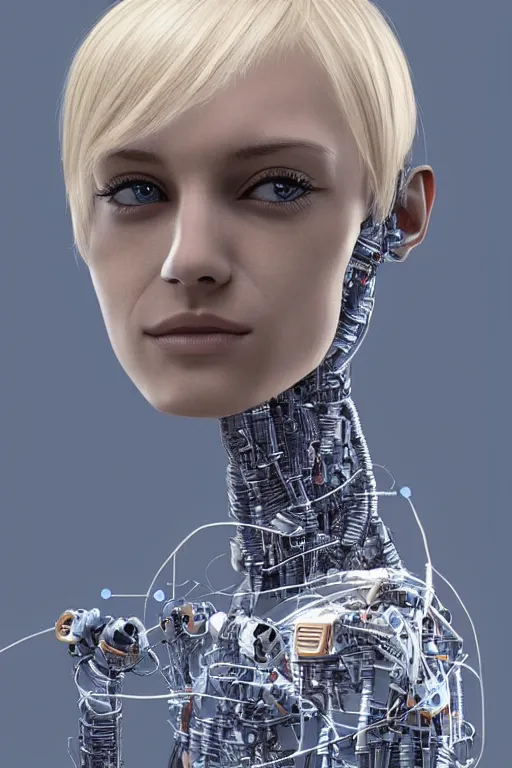 Image similar to robot with human face, female head, full body angle, woman human face, human face realistic, beautiful blonde hair, human head, human head with blonde hair, blonde hair human head, blonde hair, human realistic face, human head skin, cyborg frame concept, cyborg by ales-kotnik, sci-fi android female, the body is made of wires, robotic body, cyborg body, cyborg bust body, robot body cyborg, full body